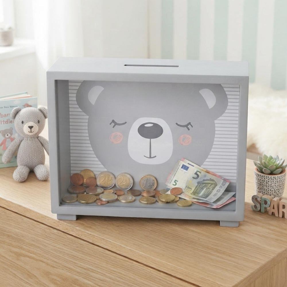 Spardose Holz Grau – Süßer Bär für Kinderzimmer & Geschenk
