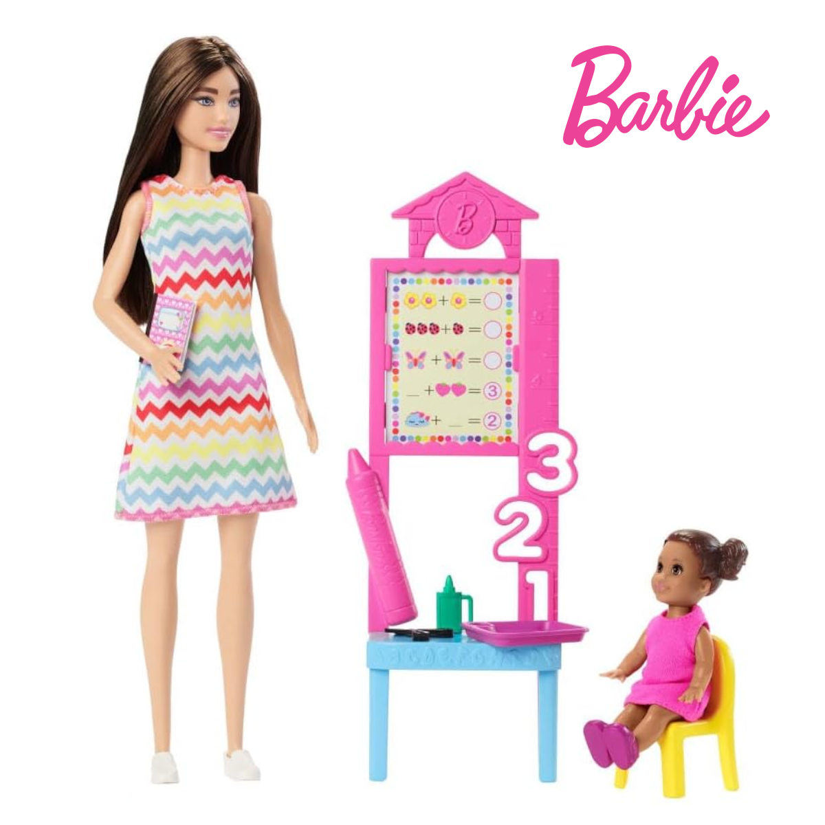 Barbie Lehrerin brünette Puppe mit Kleinkind, Möbel und Zubehör – Mattel JCR76
