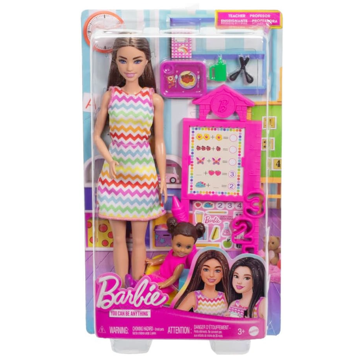 Barbie Lehrerin brünette Puppe mit Kleinkind, Möbel und Zubehör – Mattel JCR76