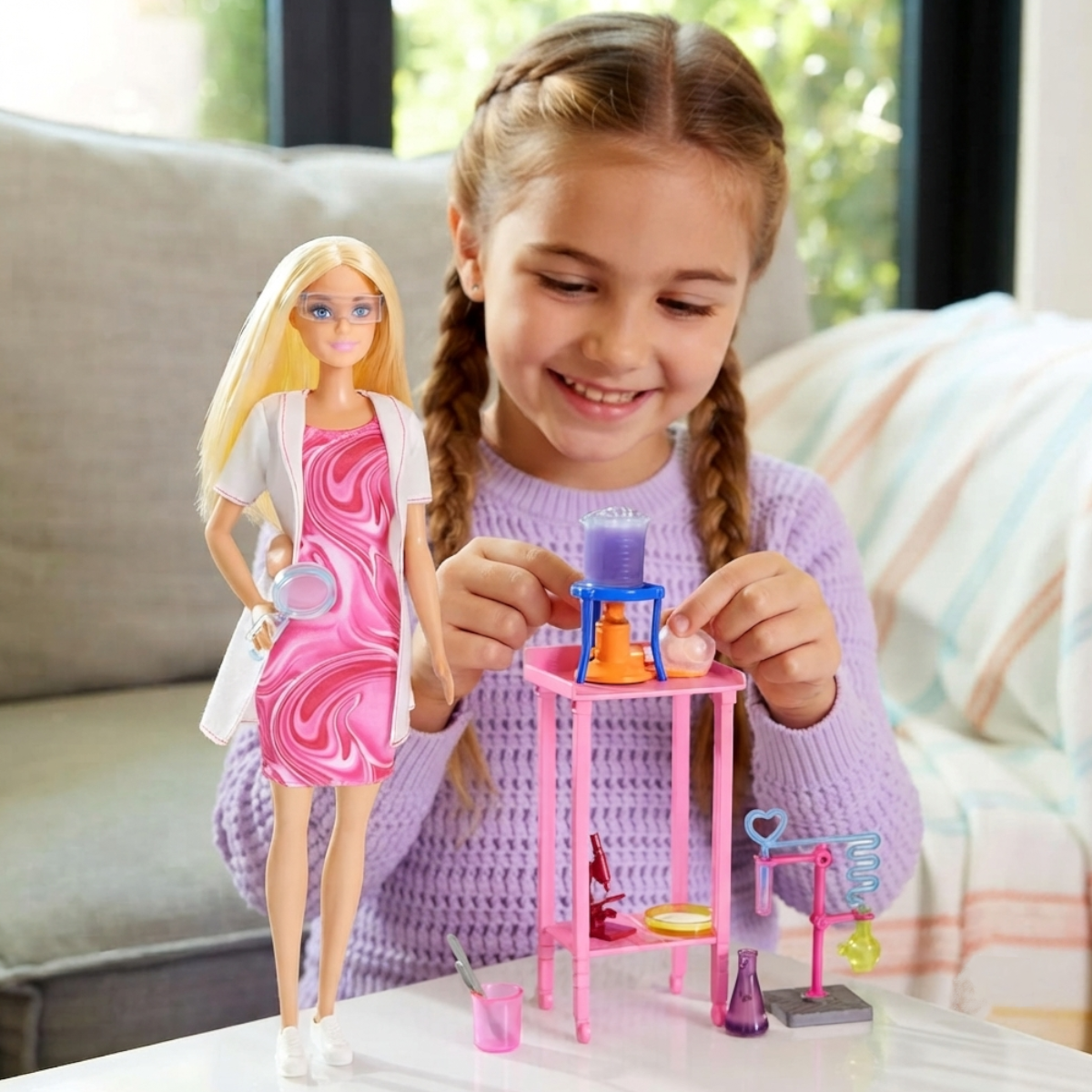 Barbie Puppe blond Wissenschaftlerin Labortisch, Mikroskop – Mattel JCR70