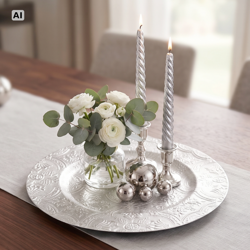 Dekoteller Dekoschale Rund Ø 33 cm Ornamente Kunststoff Silber Tischdeko
