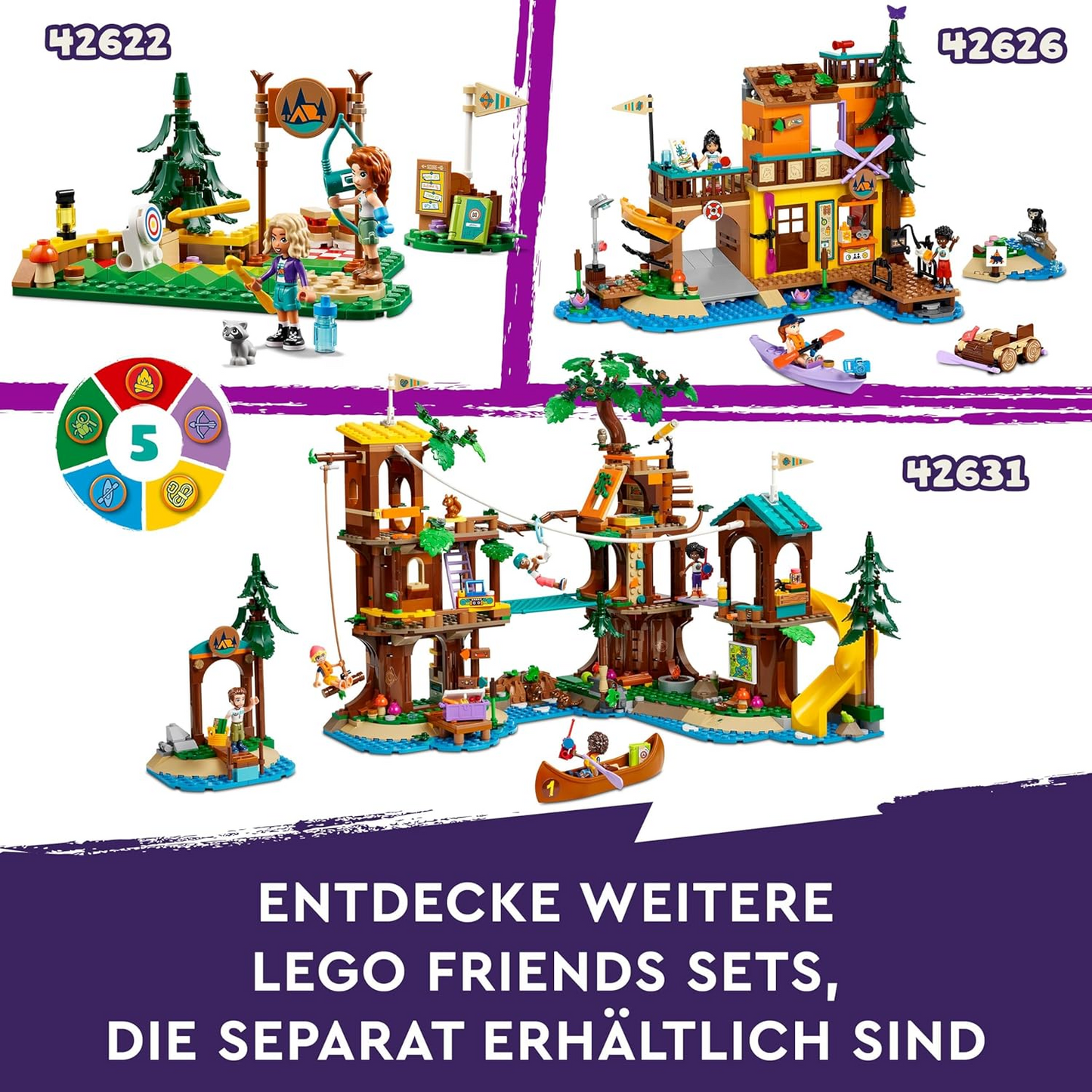LEGO Friends 42624 - Gemütliche Hütten im Abenteuercamp mit 3 Spielfiguren