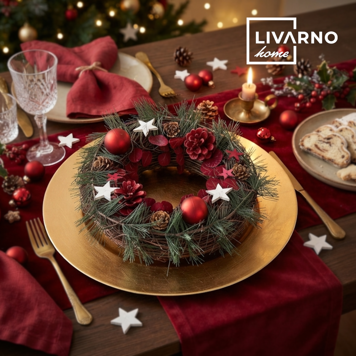 Livarno Home Weihnachtskranz 28 cm Rot – Adventskranz mit Zapfen & Sternen