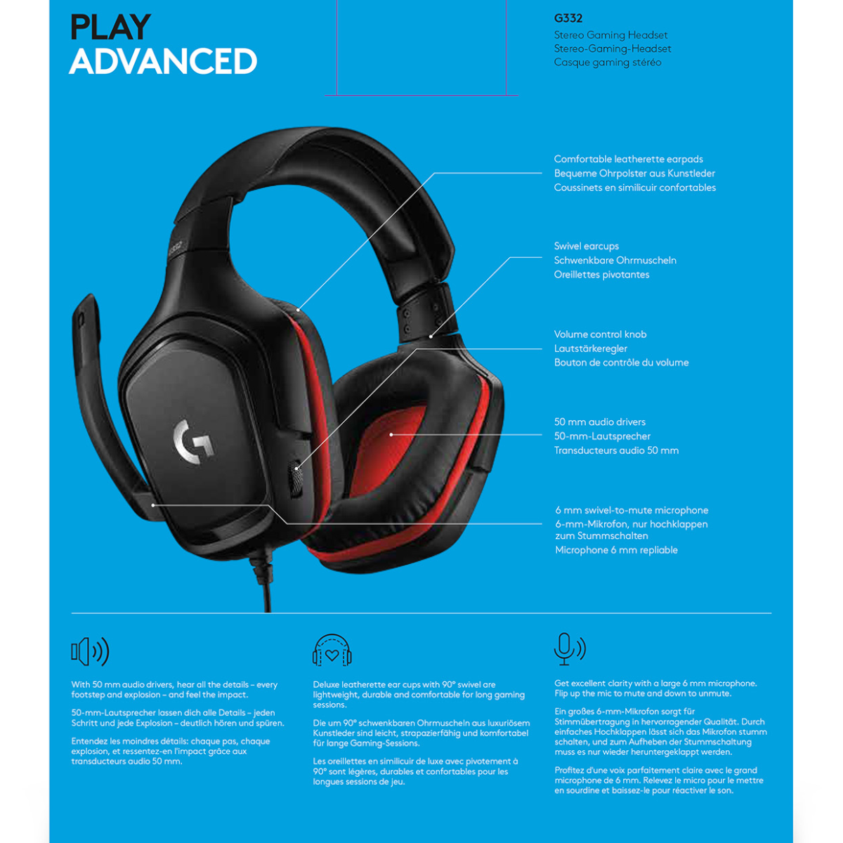 Logitech G332 Gaming-Headset Rot Kabel 3.5mm Klinke für PC/Mac/Xbox One/PS5