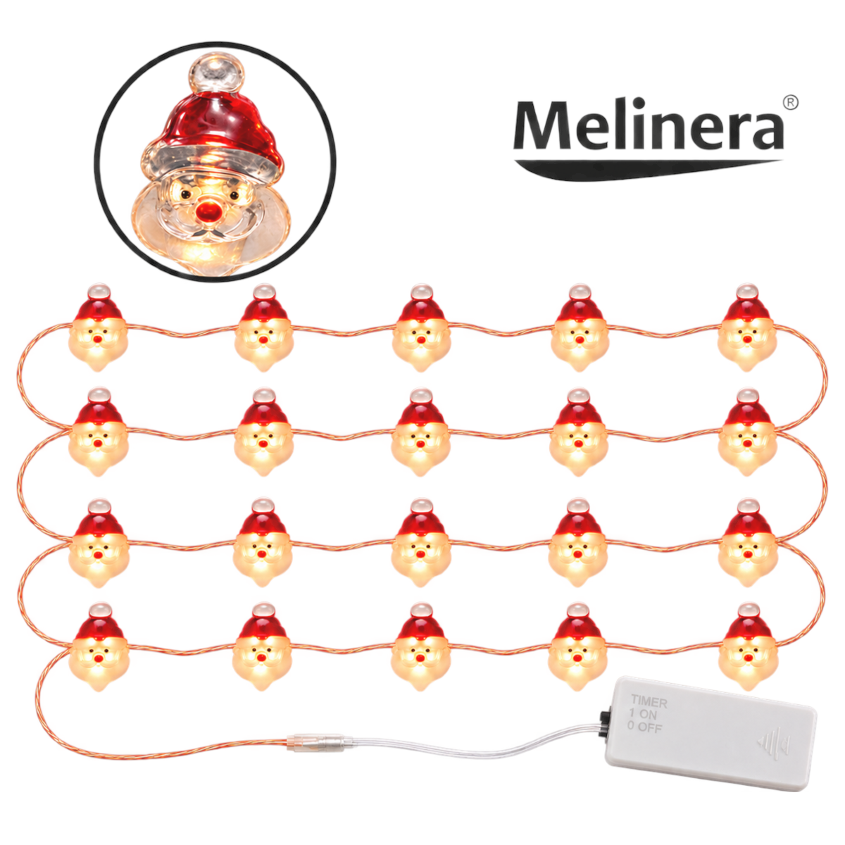 Melinera LED Lichterkette Weihnachtsmann 2,3m Timer Weihnachtsdeko 20 LEDs