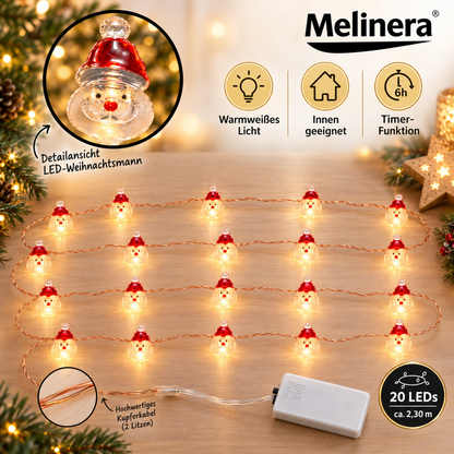 Melinera LED Lichterkette Weihnachtsmann 2,3m Timer Weihnachtsdeko 20 LEDs