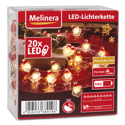Melinera LED Lichterkette Weihnachtsmann 2,3m Timer Weihnachtsdeko 20 LEDs