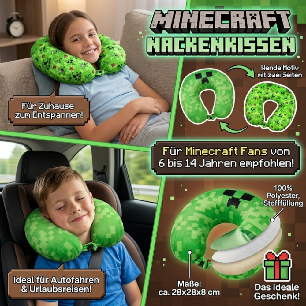 Minecraft Nackenkissen für Kinder Reisekissen Auto Creeper Gaming Geschenkidee