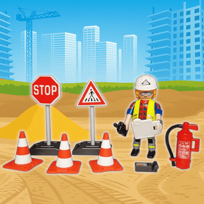 Playmobil Bauarbeiter mit Verkehrsschildern Baustelle Zubehör Set