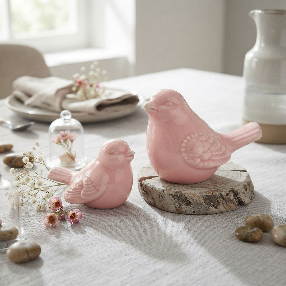 Deko Vogel Set 7,5cm Keramik Hellrosa Dekofiguren Tischdeko Frühling